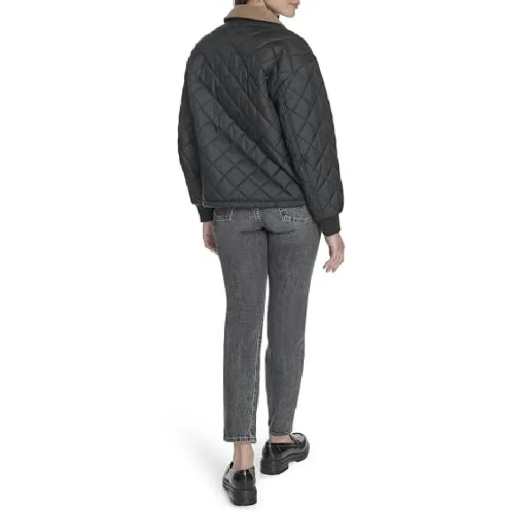 Quilted Diamond Jacket Corduroy Collar Rib Cuffs Zip Front